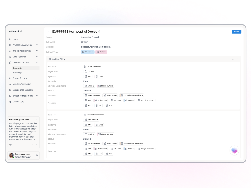 Compliance management UI screenshot